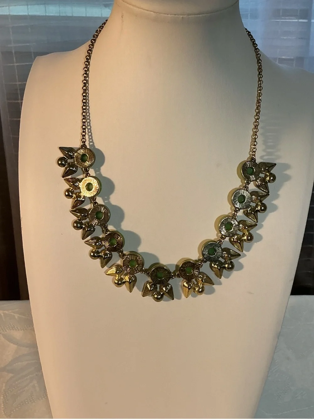 J. Crew Vintage Lime Green Resin & Rhinestone Cluster Choker Gold Tone Necklace